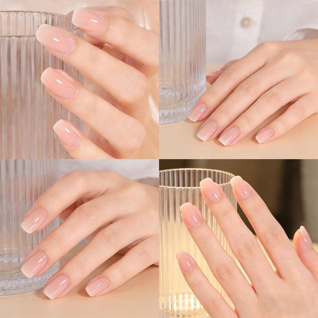 Square Press- Nail Tips, Short Length With Gradient Color, Full Coverage Nude Artificial Nails, Suitable For Women And Girls, 24 Pieces (1ml)