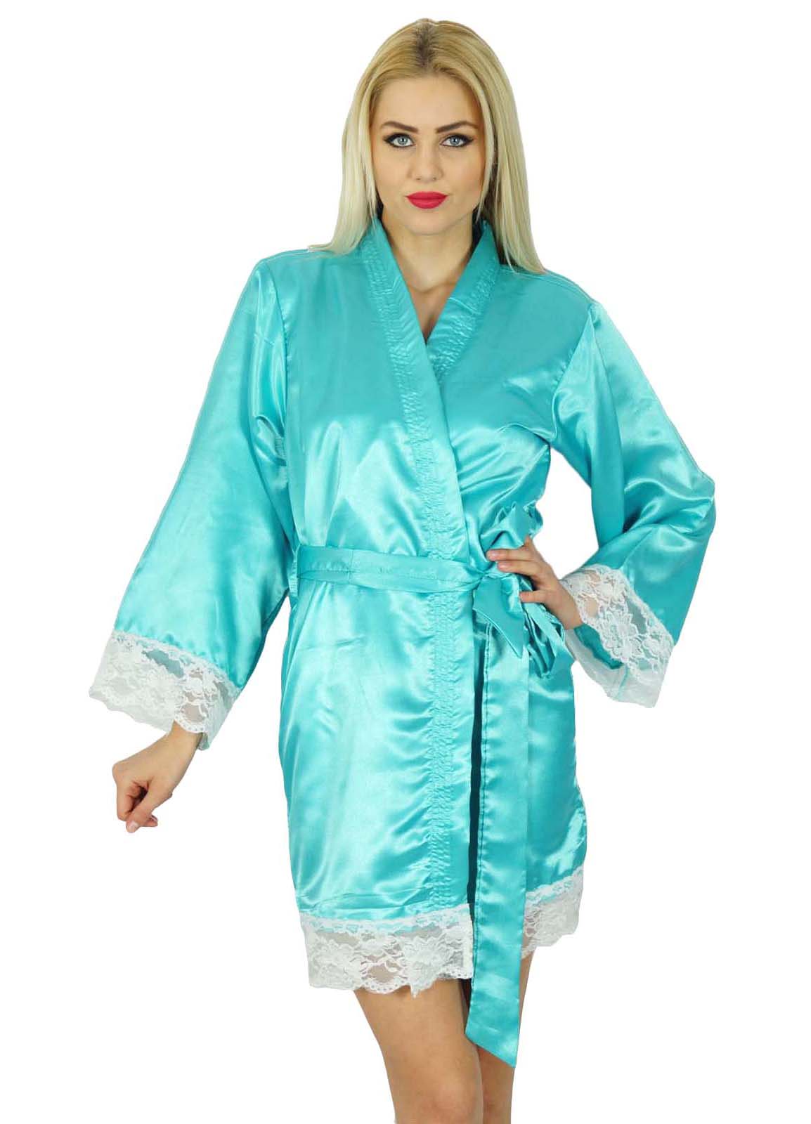 

Жіноче кімоно з рукавами атласного короткого халата Bimba Готуємось Мереживні халати подружки нареченої 8 aqua синього кольору