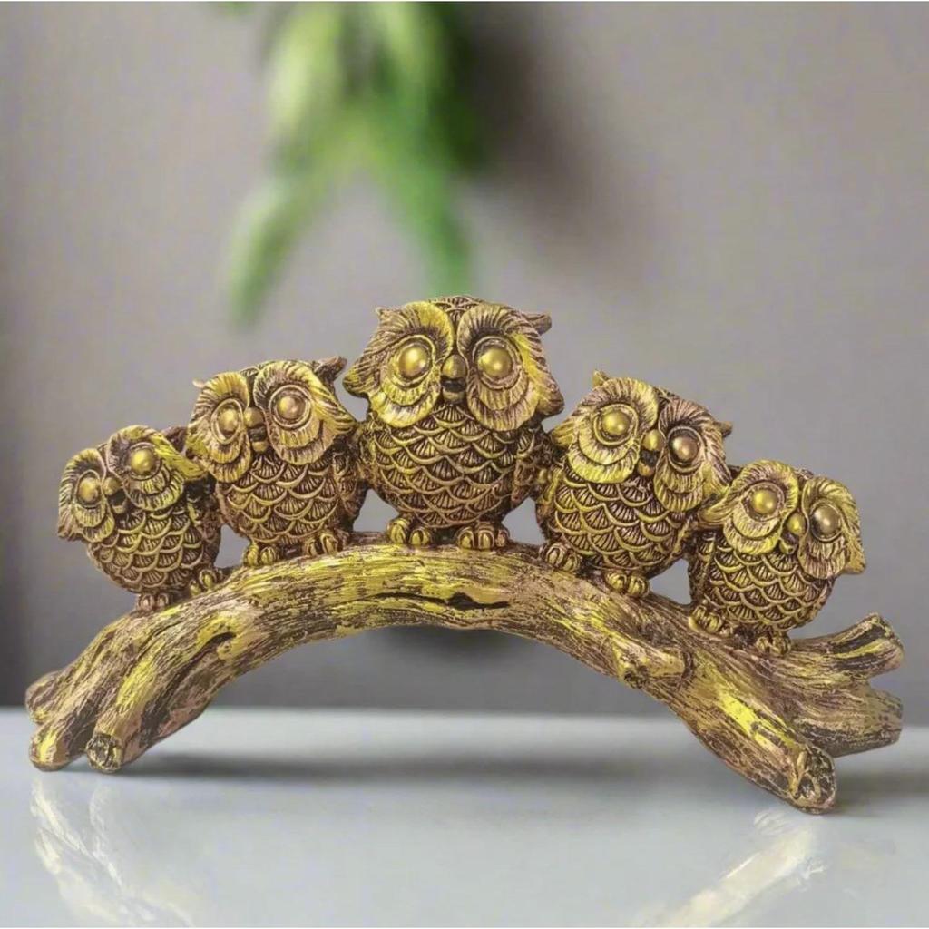 Owls Family Sitting On Tree Log Lucky Statue Showpiece Idol for Gifting & Home Table Decoration