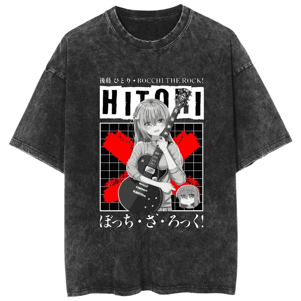Bocchi The Rock Kessoku Band Silhouette Doublesided Vintage Washed T Shirt 2026 Summer Oversized  Graphic Tee for Men Women