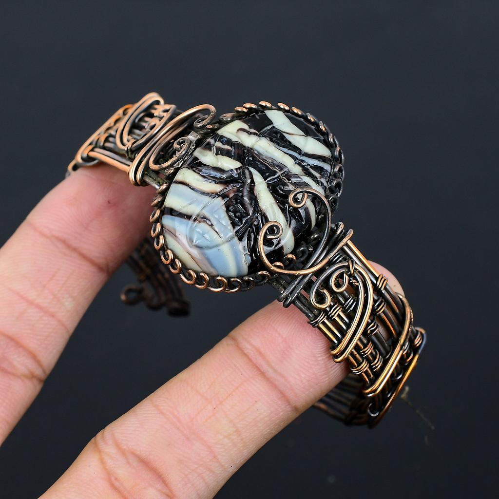 Carved Sulemani Agate Handmade Copper Wire Wrap Bangle Adjustable s9r27