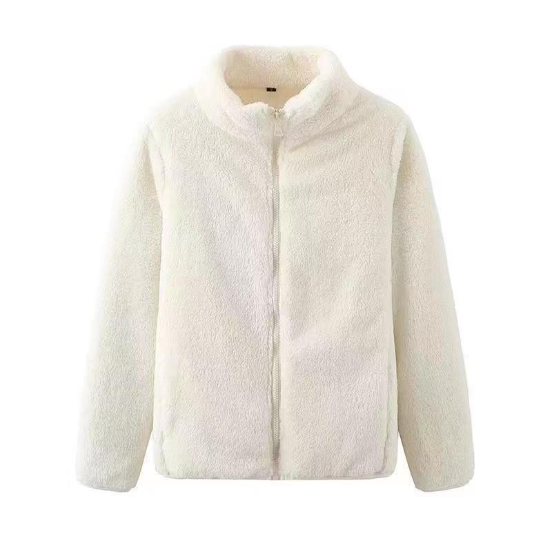 Women's Winter 2026 Long Sleeve Stand Collar Coral Fleece Cardigan Jacket - Lazy Style Lambswool Coat