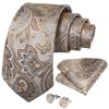 Fashion Men's Necktie Ring Set Light Brown Floral Silk Tie Handkerchief Cufflinks for Party Business