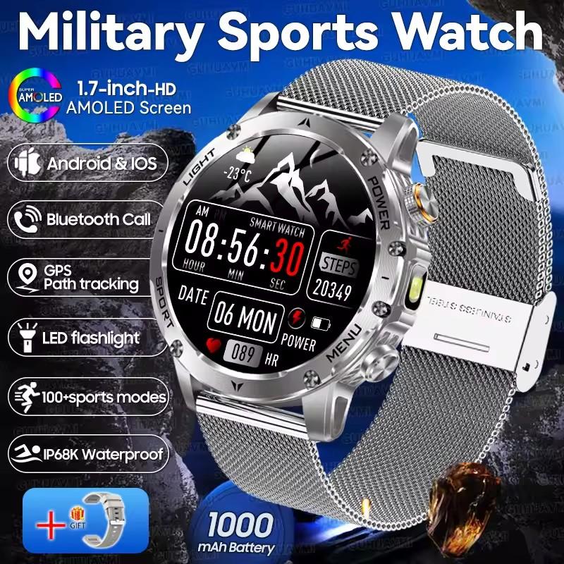 AK87 Men 1000mAh Battery Smart Watch 1.7-inch Large Screen GPS Track Heart Rate 3ATM Waterproof Wireless Call Sports Smartwatch
