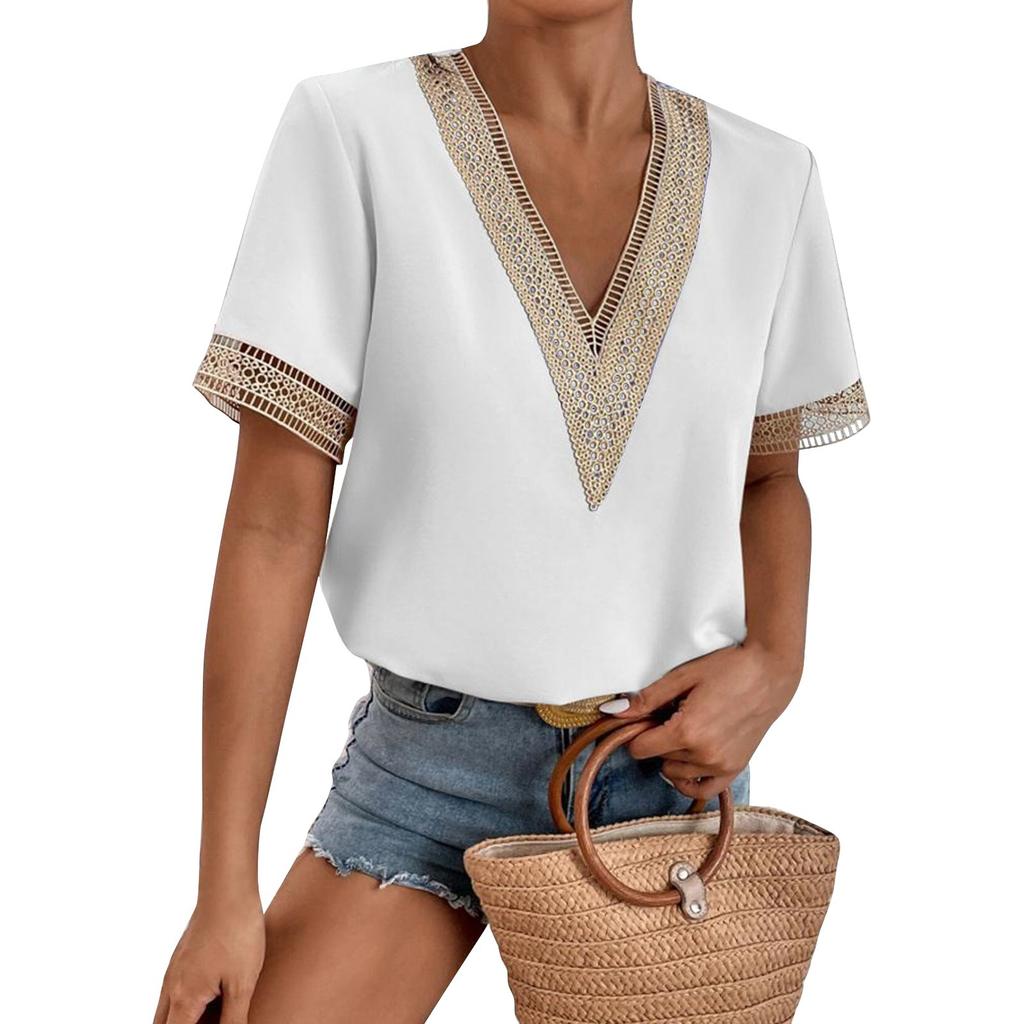 Women's Fashion Lace Trim Short Sleeve Chiffon Top