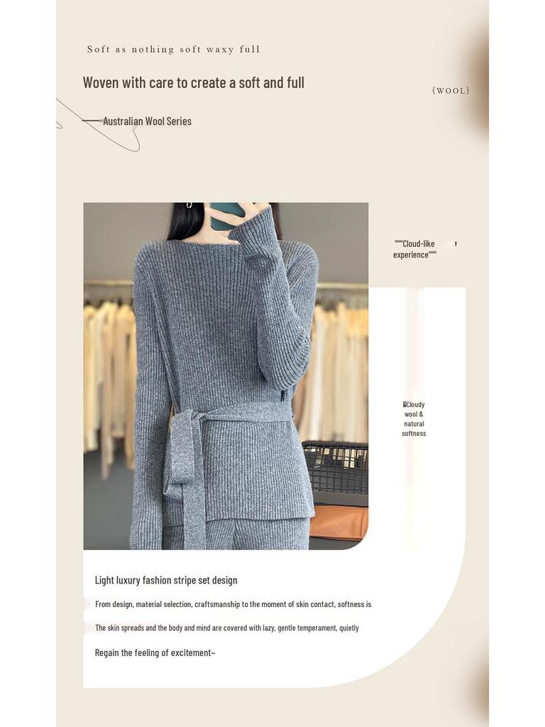 Chic Autumn/Winter Cashmere Two-Piece Set: Women's Loose Knit Sweater & Wide-Leg Tie-Waist Pants