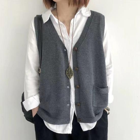 Vintage Arts Style Knitted Vest Female Solid Color Sleeveless Button V-Neck Waistcoat Women Casual Loose Knitwear Coats