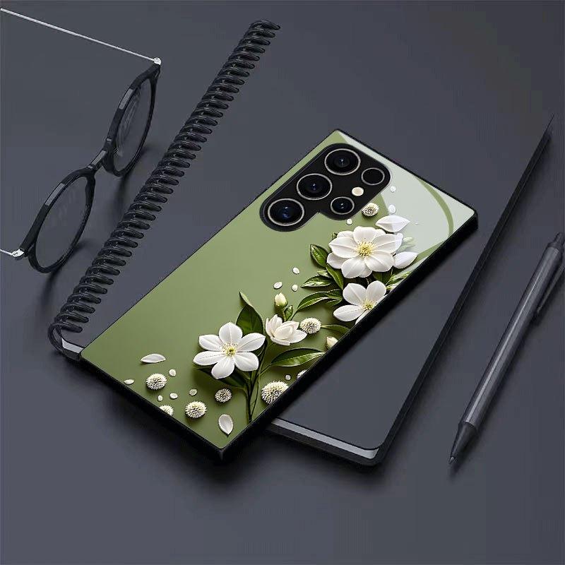 White Flower Pattern Glass Phone Case Suitable for Samsung Galaxy S26 S25 S24 S23 S22 S20 FE/Ultra/Plus Dustproof and Shockproof