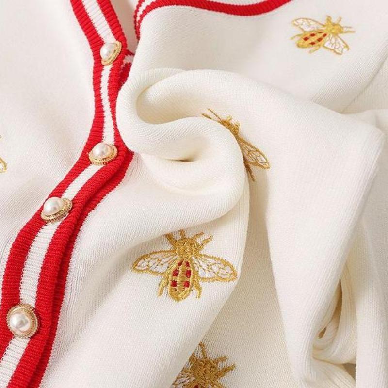 High Quality Fashion Bee Embroidery Cardigan Long Sleeve Single Breasted Contrast Color Button Knitted Sweaters