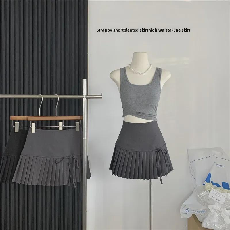 Gray High-Waist Pleated Lace A-Line Skirt - 2024 Design, Slim Fit, Short Length