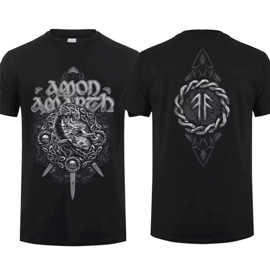 2025 Mode T-Shirt Herren T-Shirt Doppelseitig Amon Shieldwall Schwarz von Amarth Übergroßes T-Shirt Grafik Jugendkleidung Streetwear