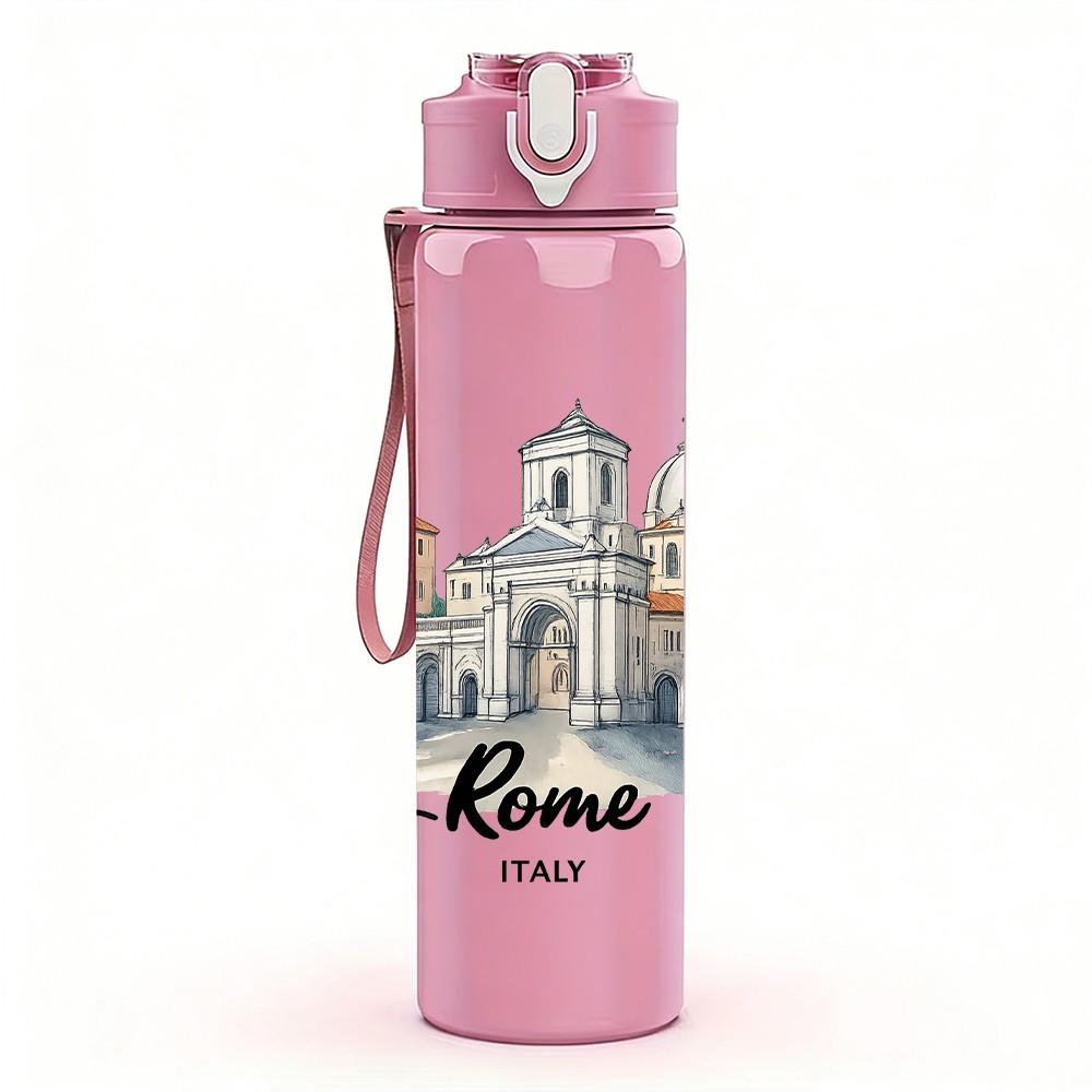 1PC Rome City Vintage Sketch Print 750ml Color Plastic Sports Water Bottle Leakproof Flip Straw Lid Suitable for Sports Office Home Use