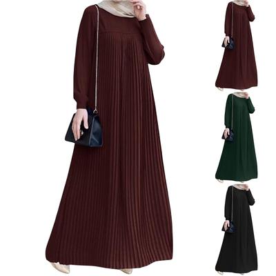 Dames Moslim Wind Temperament Elegante Geplooide Jurk Kleur Ronde Hals Lange Mouw Geplooide Jurken