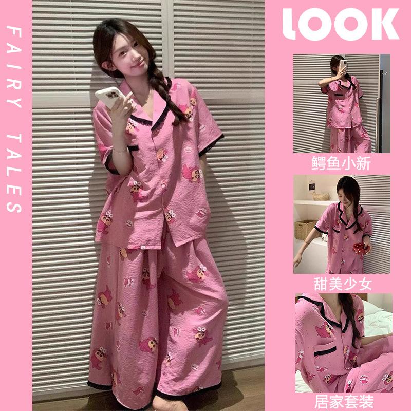 

Spring new pink crayon small new pajamas women s summer short-sleeved trousers two-piece set soft cute princess style loungewear S