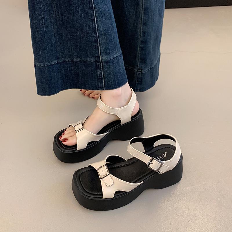 Roman shoes and sandals summer wedge heel thick sole new heightening muffin fashionable versatile women s thick sole heightening soft leather 35 бежевый 2739₽
