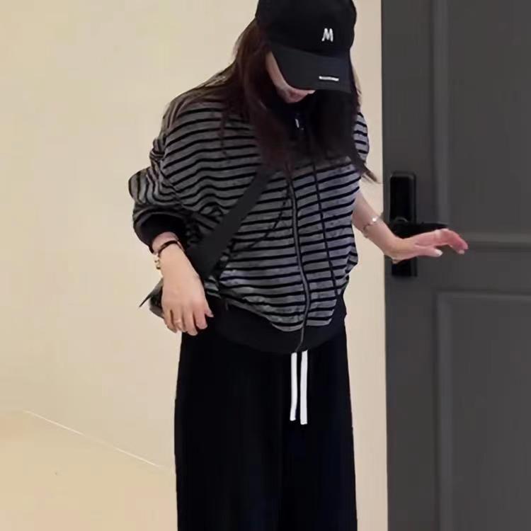 

2025 Autumn/Winter Women s Striped Zipper Sweatshirt Cardigan with Stand-Up Collar 3XL як показано кольору