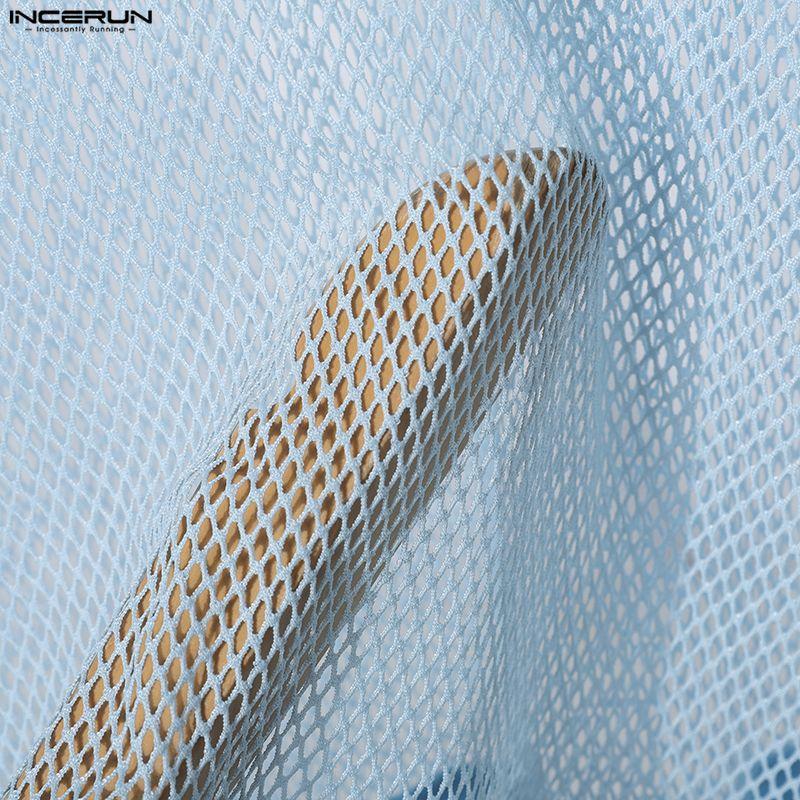 INCERUN Summer Men V Neck Short Sleeve Mesh See Through Hollow T-shirts Tops
