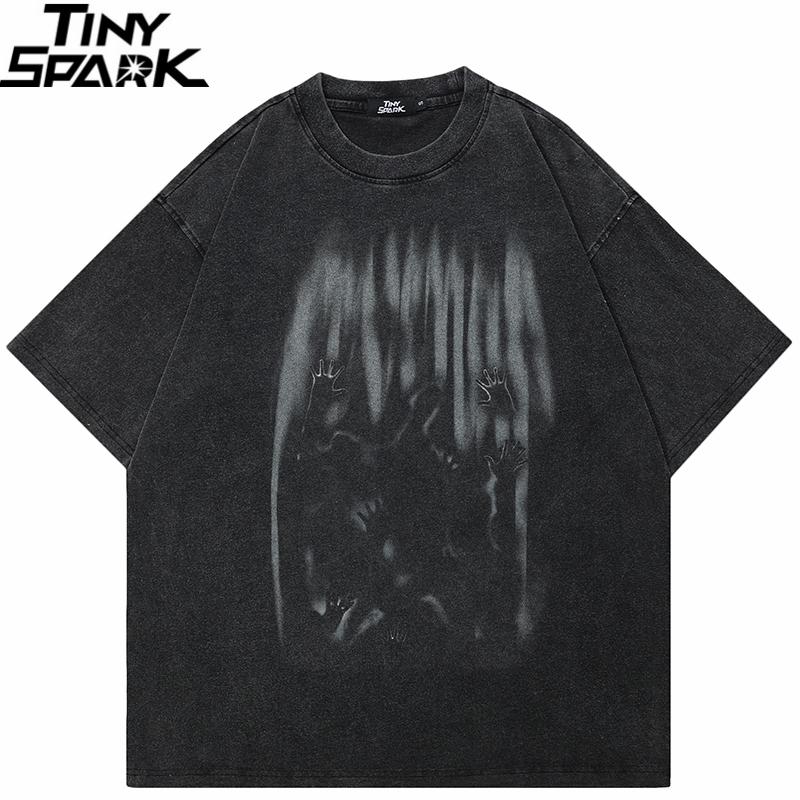 Hip Hop Retro Washed Black TShirt Streetwear Vintage Graphic Creepy Shadow T Shirt Cotton Unisex Tshirt Men Tops Tees YK