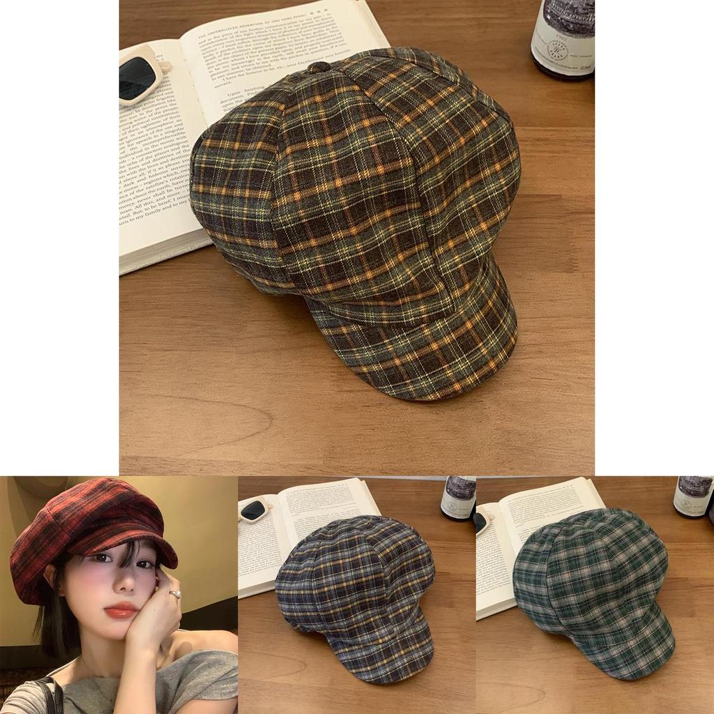 Vintage Red Plaid Cloud Beret Hat For Women Summer Casual Fashion Accessory