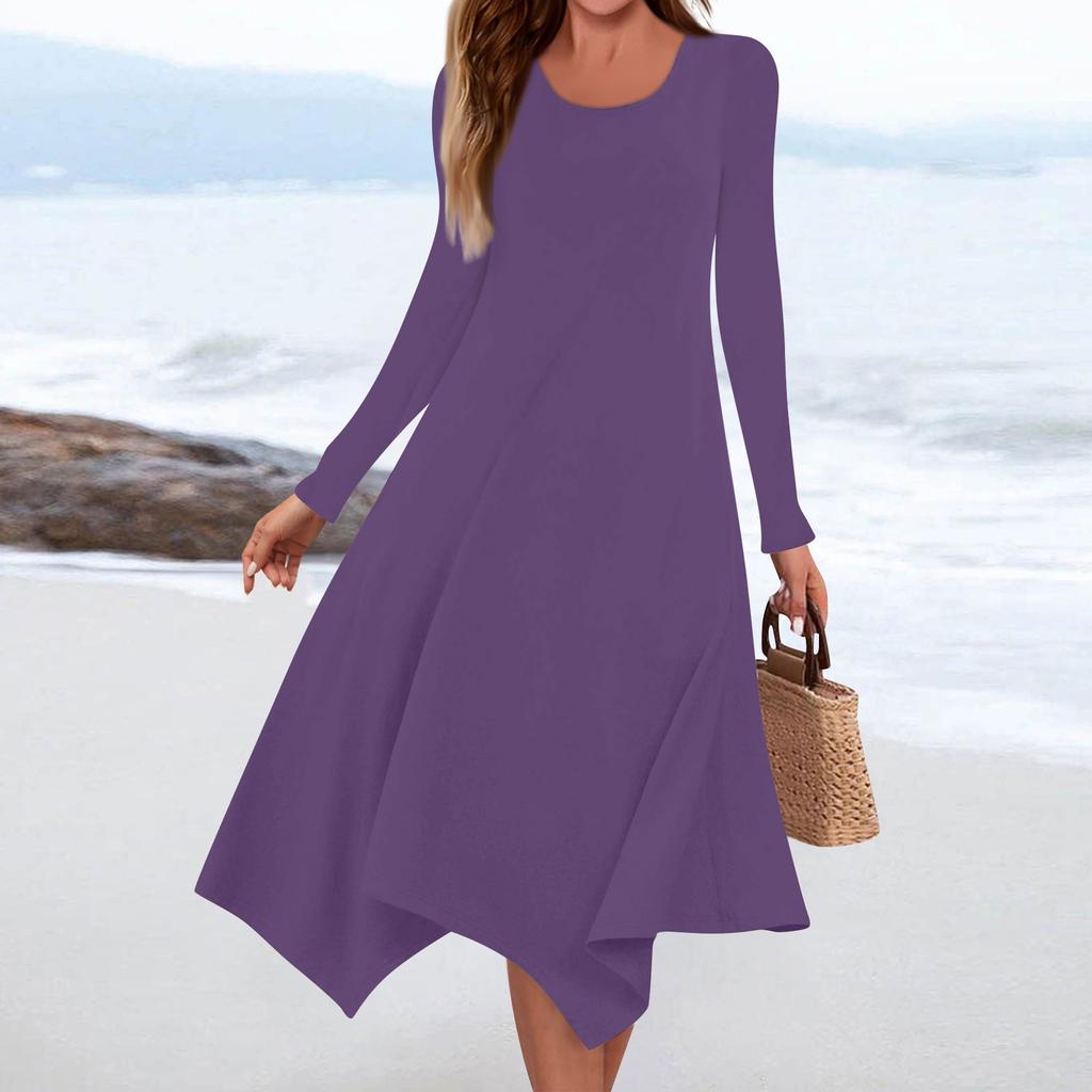 Women's Casual Fashion Round Neck Long Sleeve Solid Color Irregular Hem Midi Dress