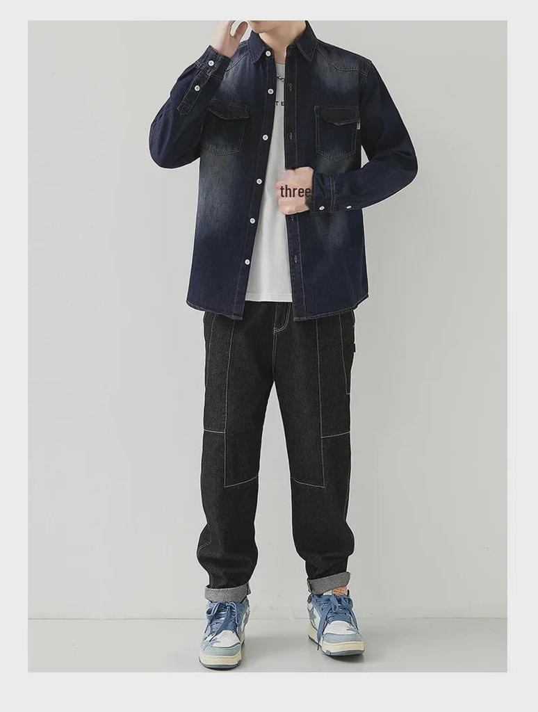 Men's Korean Slim Denim Shirt - Long-Sleeved, Lapel, Retro Style for Spring & Autumn