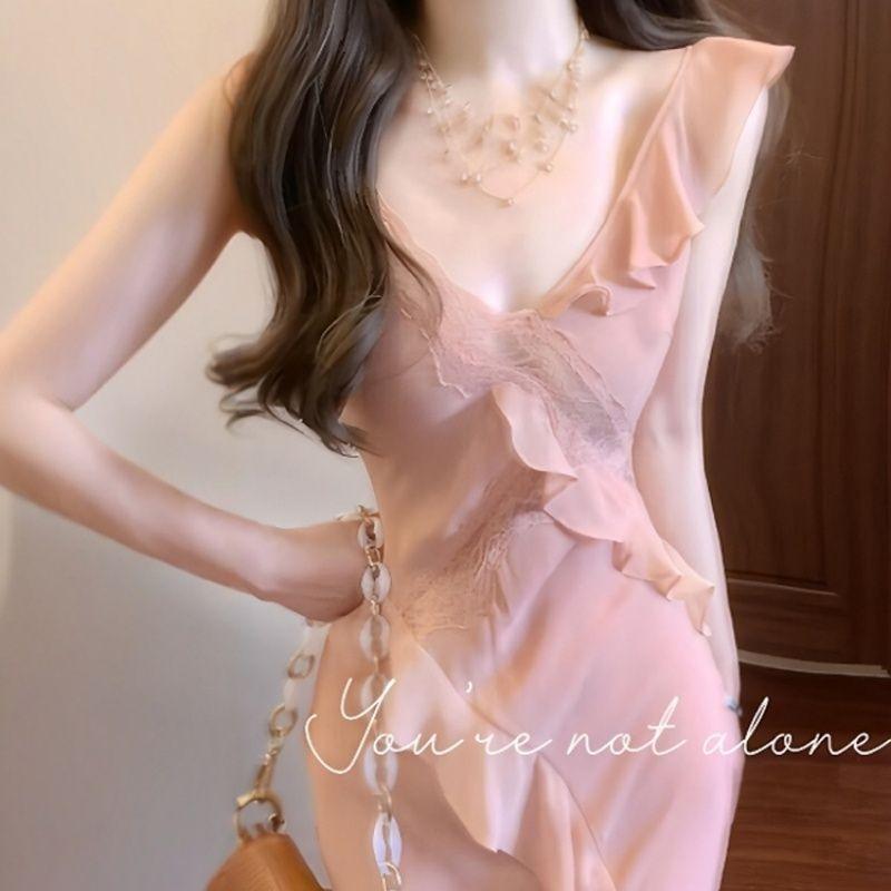 Pink Halter Neck Ruffle Maxi Dress Sleeveless Split Hem Elegant Party Dress for Women