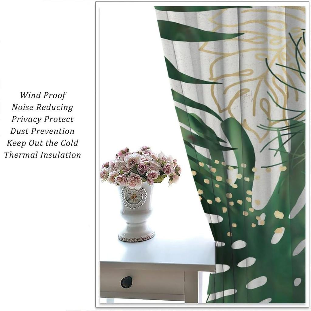 Tropical Palm Leaf Curtains Natural Emerald Green Gold Botanical Plant Abstract Printed Window Treatments Curtain Made Of Polyester With Rod Pocket
