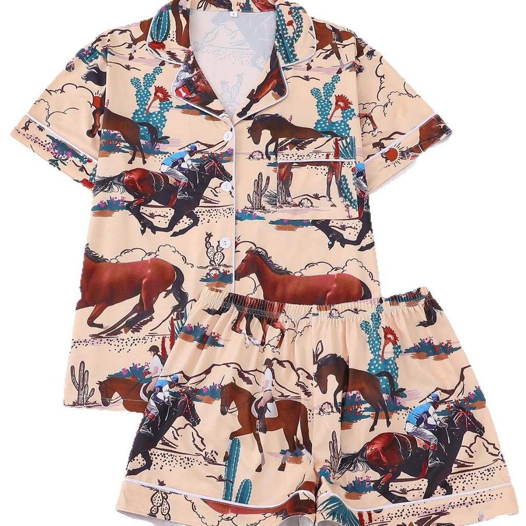 2025 Summer Multi-Color Print Short Sleeve Shorts Homewear Set