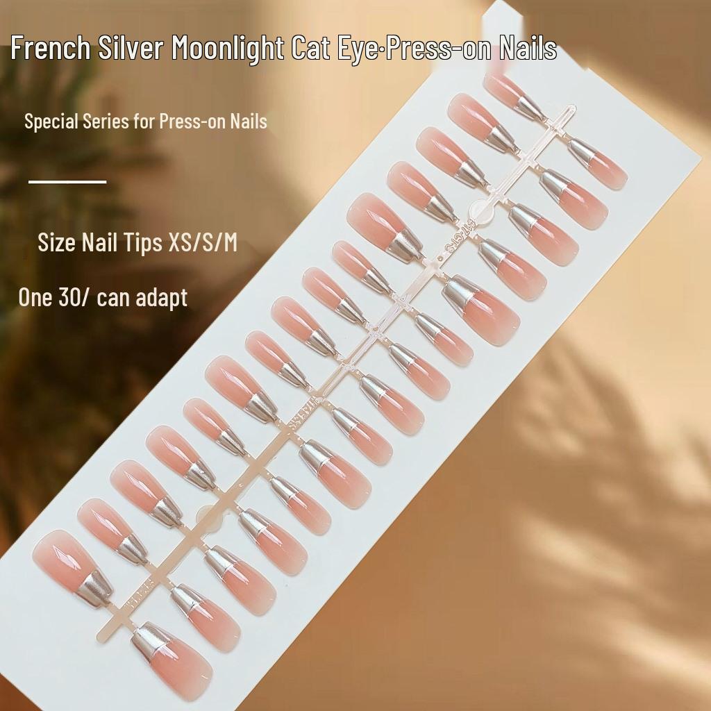 

3D Золотистый Лунный Кошачий Глаз Французский Маникюр | Высококлассные Серебристые Накладные Ногти