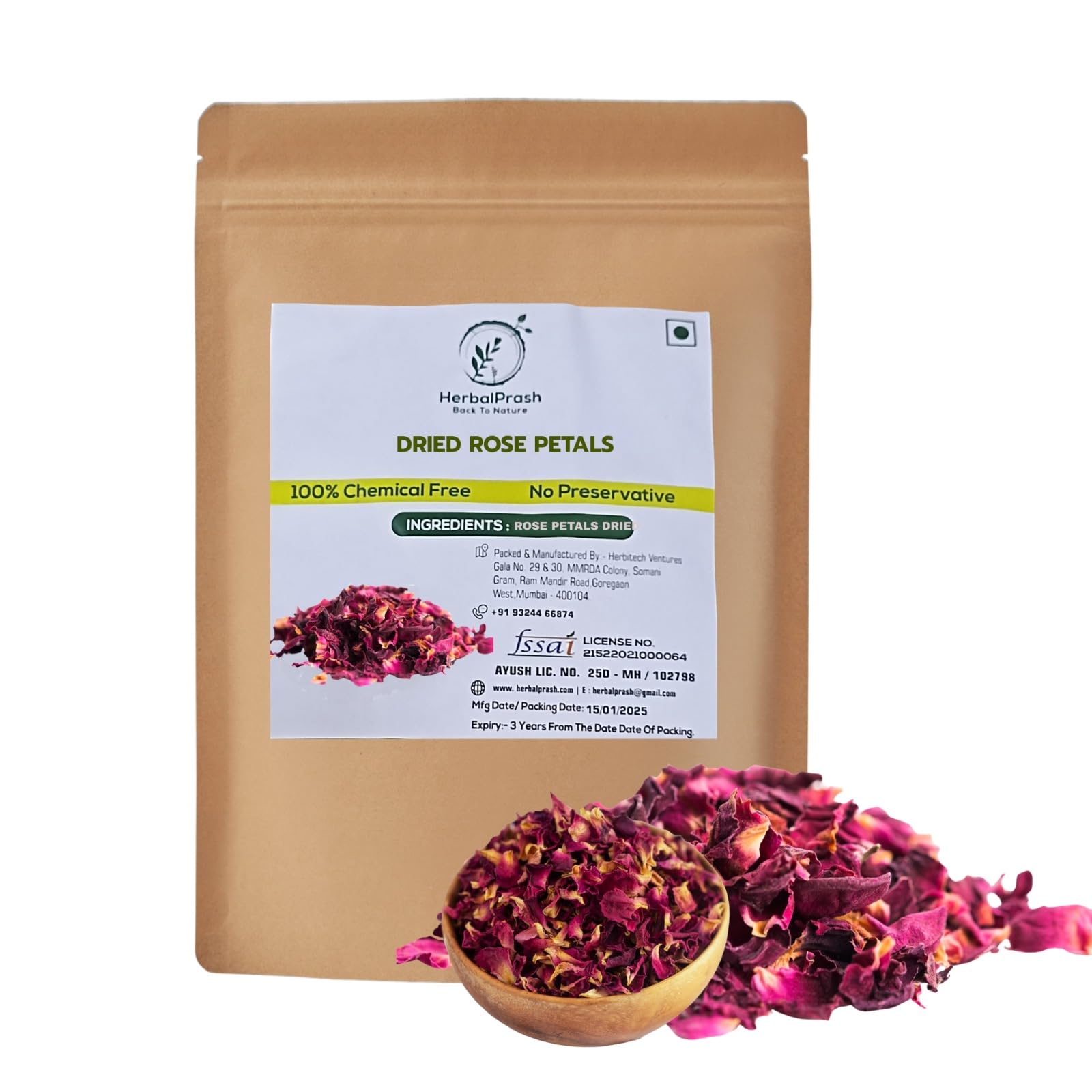 HERBALPRASH Dried Rose Petals - 50g | Gulab Patti | Dry rose petal edible | For Hair, Skin & Tea | Sun Dried | Decoration for Jam, Food, Sweets, Ch