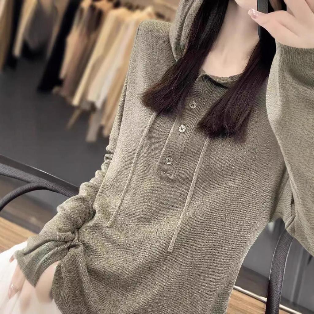 Spring & Autumn Wool Hoodie: Casual, Lazy-Style Knitted Sweater, Slimming Button-Up, Versatile for Women