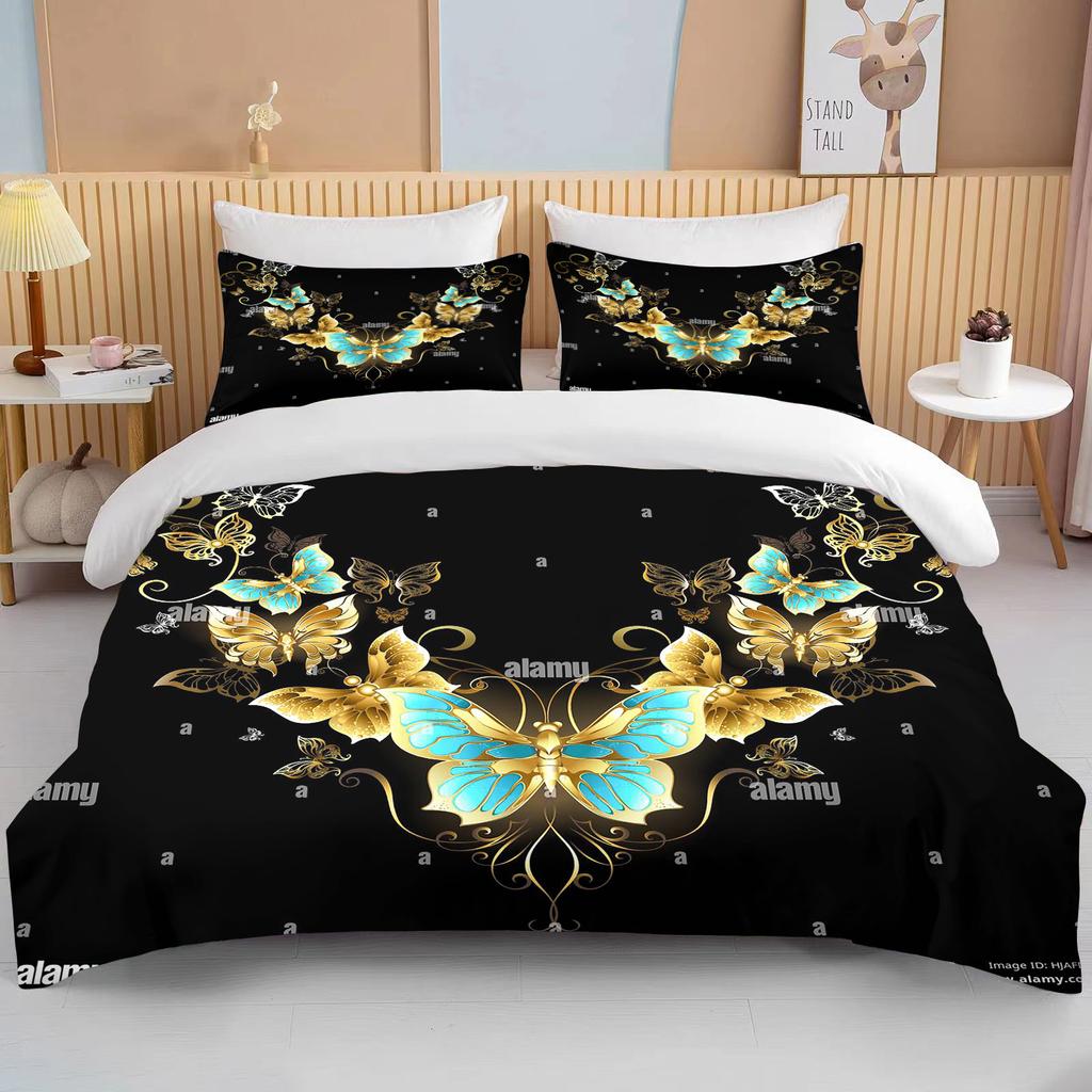 10 Sizes Gold Butterfly Bedding Set Luxury Black Duvet Cover Bedclothes 3d Printed Comforter Bedding Sets For AdultsCute Bed Set