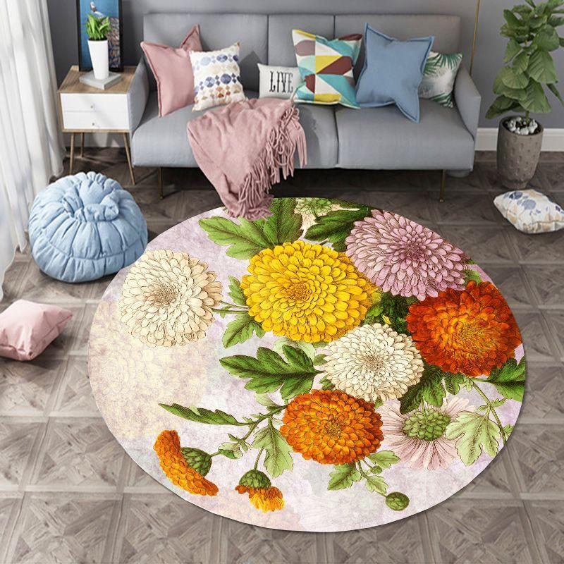 Artistic Modern Colorful Floral Round Rug – Daisy  Rose Nature-Inspired Mat for Living Room, Bedroom  Office