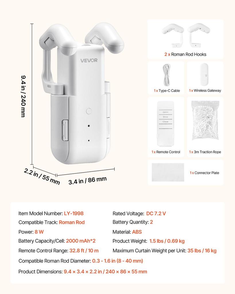 Automatic Curtain Opener, APP and Remote Control, Hub Included, Electric Smart Curtain Opener Compatible with Alexa and Google Home, Timed Opening and