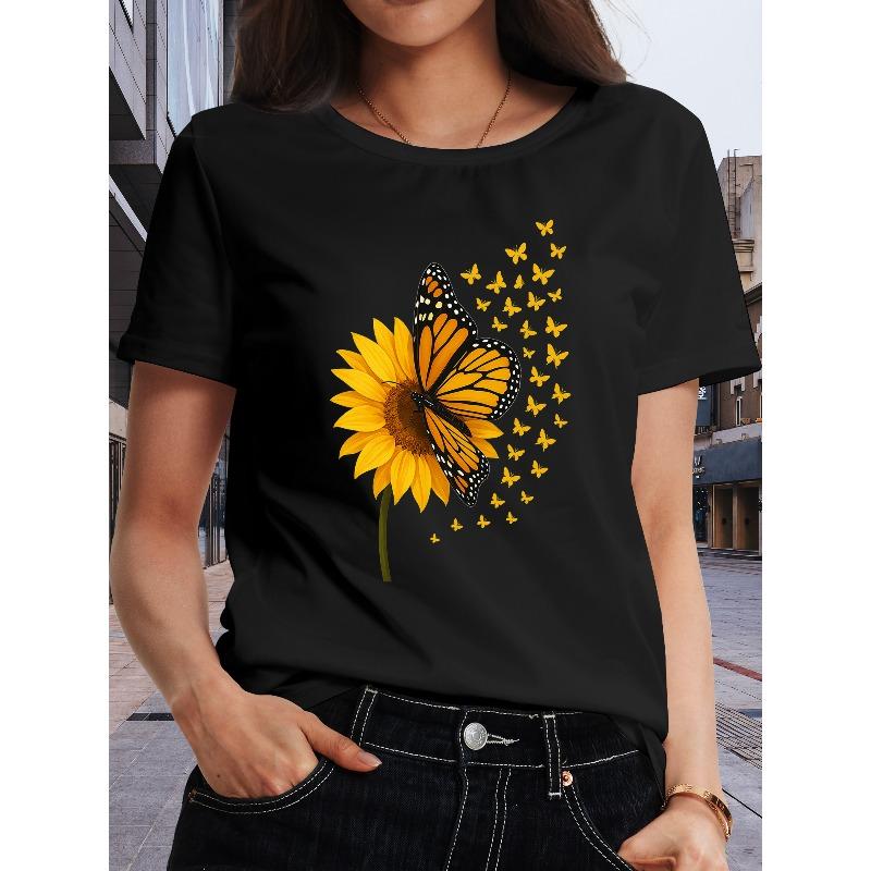 

European Size Sunflower and Butterfly Printed T-shirt, Round-neck Short-sleeved T-shirt, Fashionable Style, Patterned Printed Round-neck T-shirt 4XL чорний