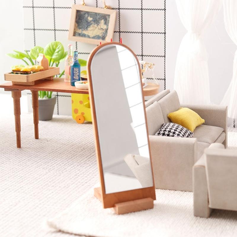 Bezpečné pro děti Zrcadlo na celou postavu Dřevěný rám A Nerozbitné PVC sklo Stojací zrcadlo pro Domeček pro panenky Dekorace obývacího pokoje