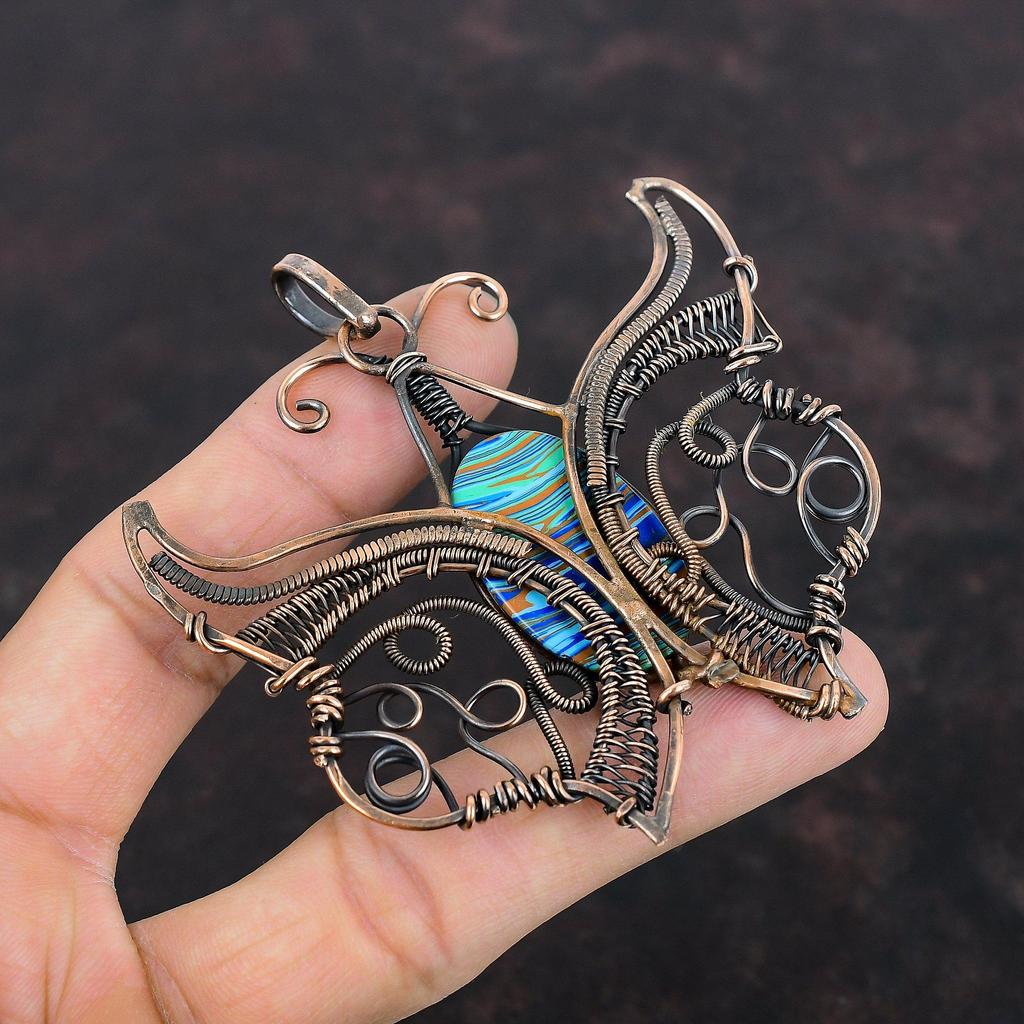Rainbow Calsilica Pendant Copper Wire Wrapped Pendant Butterfly Pendant Gemstone Pendant Copper Wire Jewelry Gifts For Him Handmade Pendants