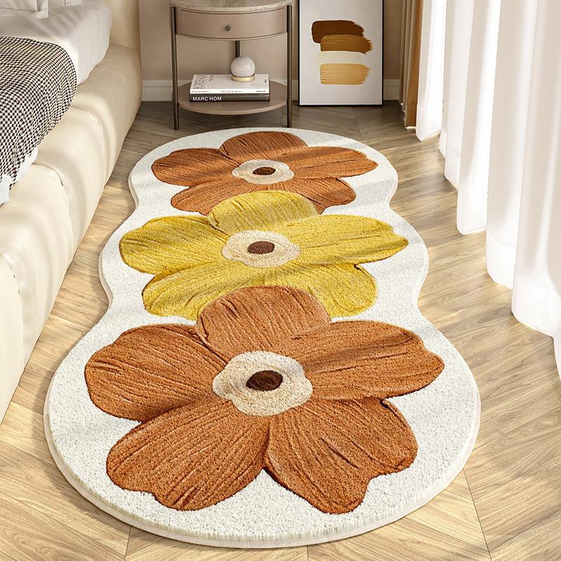 High Pile Polyester Area Rug Washable Carpet with Striped Flower Pattern, Machine Made Irregular Shape Rug for Bedroom, Living Room, and Indoor Spaces
