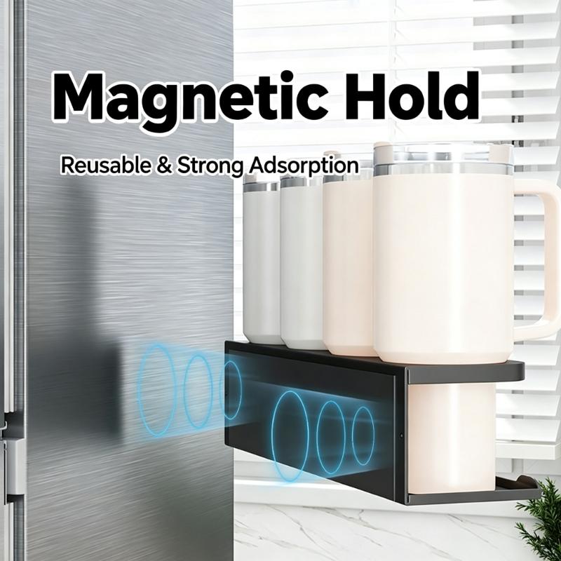 Four-Cup Wall Storage Rack with Metal Holder Rail and Lower Shelf, Keeping Kitchen Drinkware Together for Storage