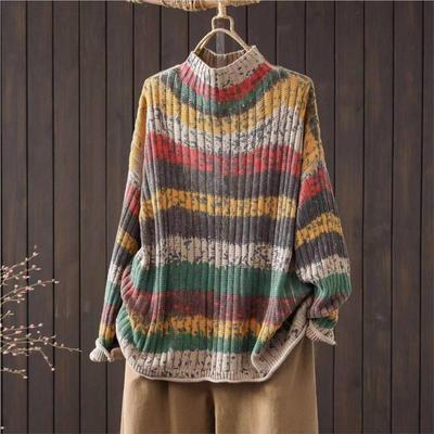 Women Vintage Striped Pullover Sweaters Mock Neck Long Sleeve Spring Long Sleeve Casual Sweaters