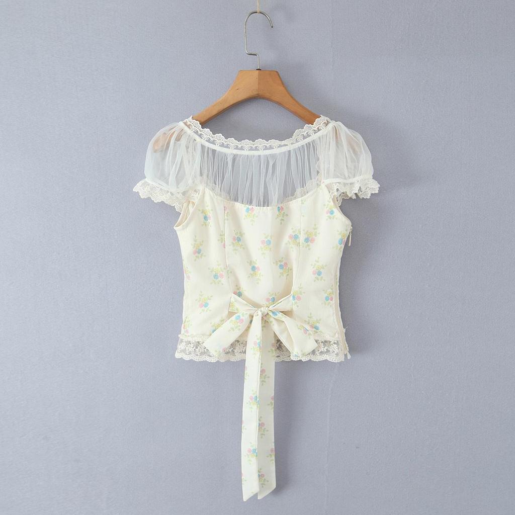 European Style Floral Lace Tie-up Mesh Blouse, Autumn 2025