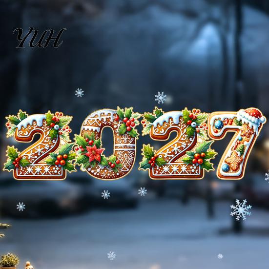 Reusable Festive Wall Decals 2027 Gingerbread Christmas Static Window Clings, Xmas New Year with Man Decors Santa Snowman Snowflake, Stickers for Home