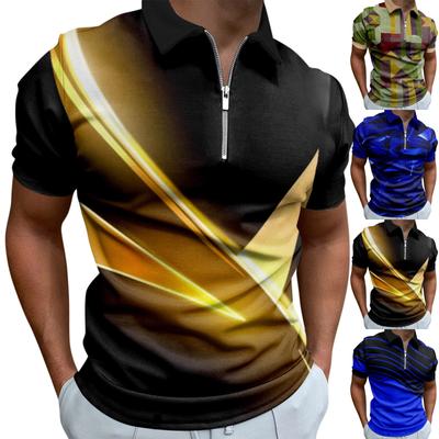 Work Clothes Creative Stripe 3D Printing Men's Short-sleeved Zip Shirt