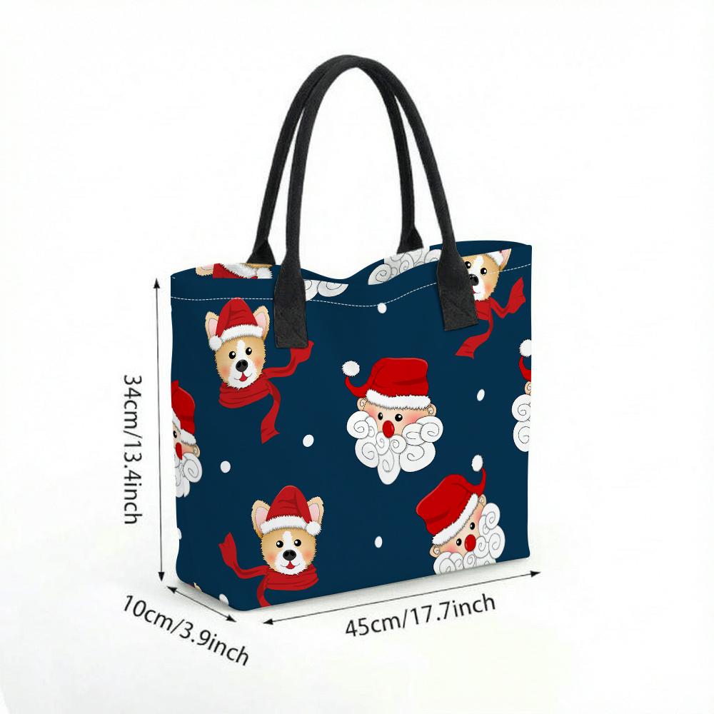 Christmas Dog Santa Printed Tote Bag Large Capacity Casual Handbag for Daily Use