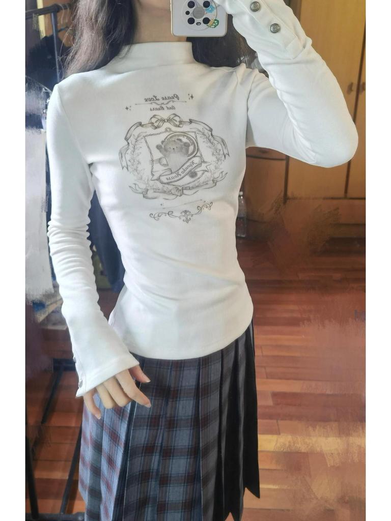 Women's Spicy Girl Half-High Collar Fleece T-Shirt - Slim Fit, Long Sleeve, Autumn/Winter Top