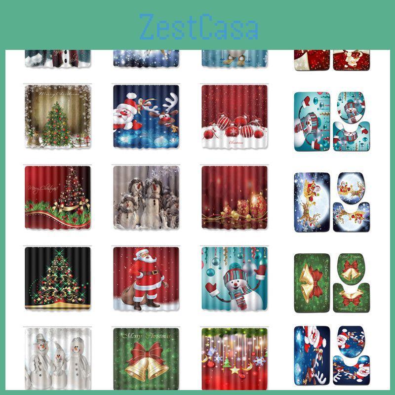 4pcs Shower Christmas Curtain Toilet Cushion Set Cover Mat Pad Rug Xmas Bathroom
