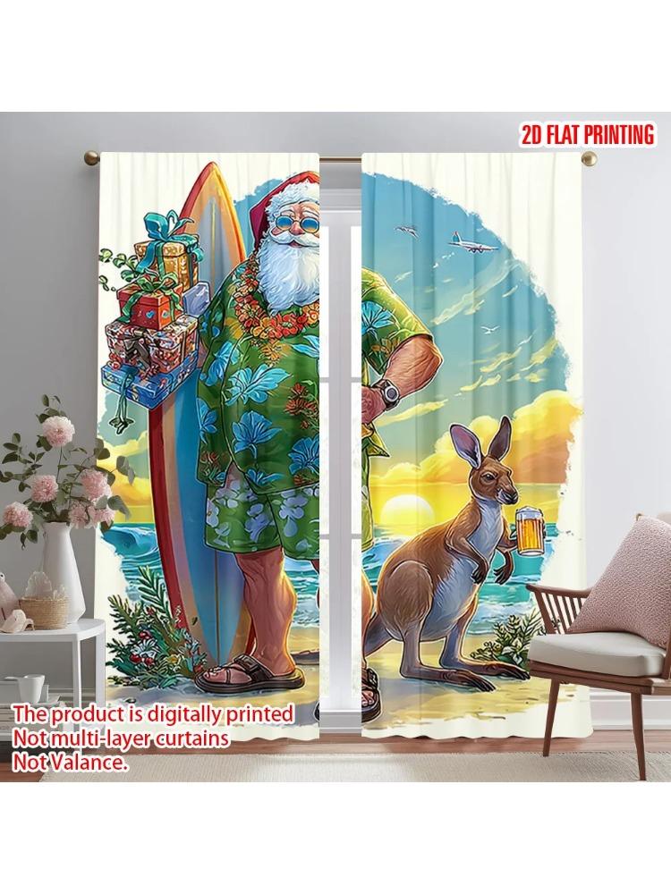 2pcs, plane printing Creative Curtains Tropical Beach Santa Surf Durable 100% Polyester Fabric (without rod) Art Deco Festive
