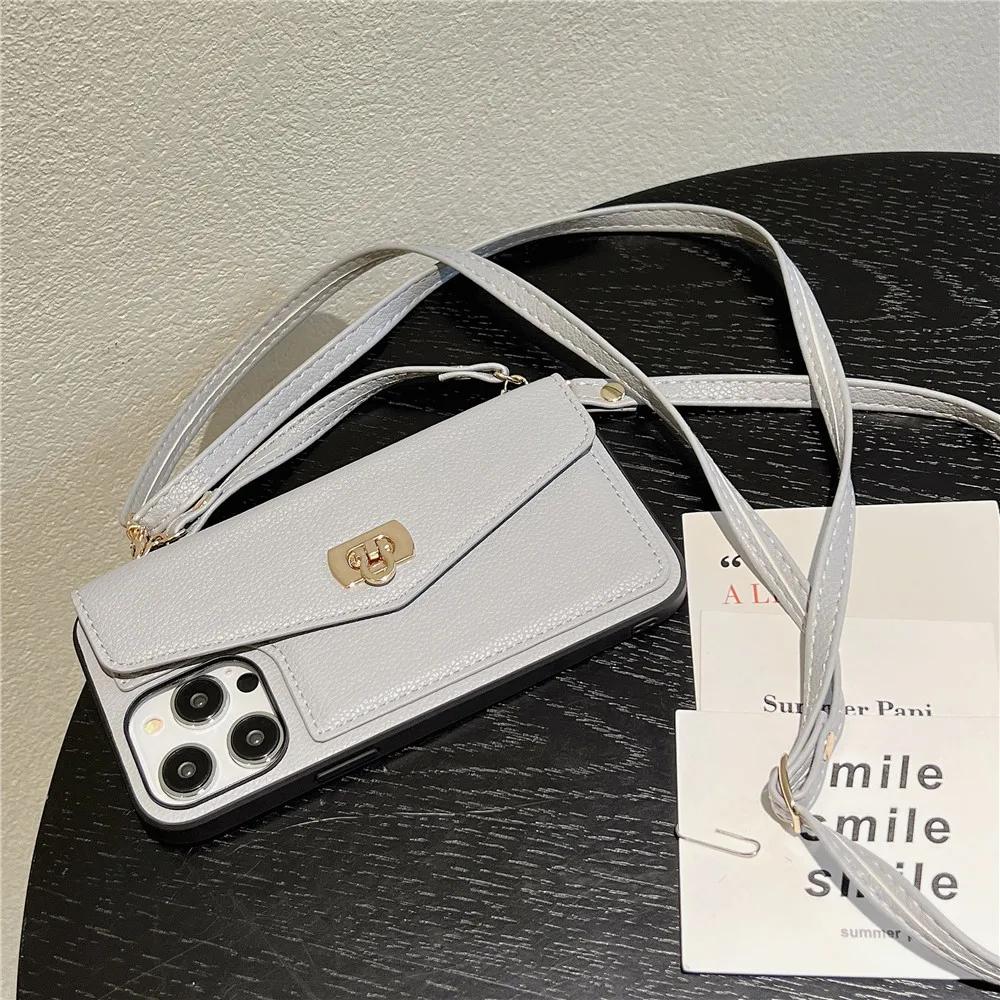 Kožená Luxusní Peněženka Crossbody Pouzdro na Telefon pro IPhone 16 15 14 Plus 11 12 13 Pro Max Přihrádka na Karty Držák Stojánek Dlouhý Lanyard Kryt
