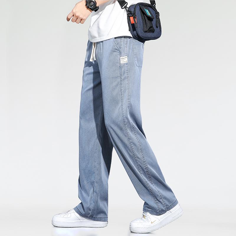 Letní Tenké Volné Široké nohavice Pánské Džíny Měkký Lyocell Elastické Módní Ležérní Rovné Stahovací Džínové Kalhoty Černá Modrá Šedá