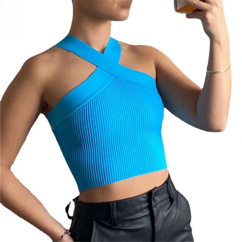 2024 Spring/Summer Women's Knitted Backless Cross Halter Strap Bralette Sweater Tank Top